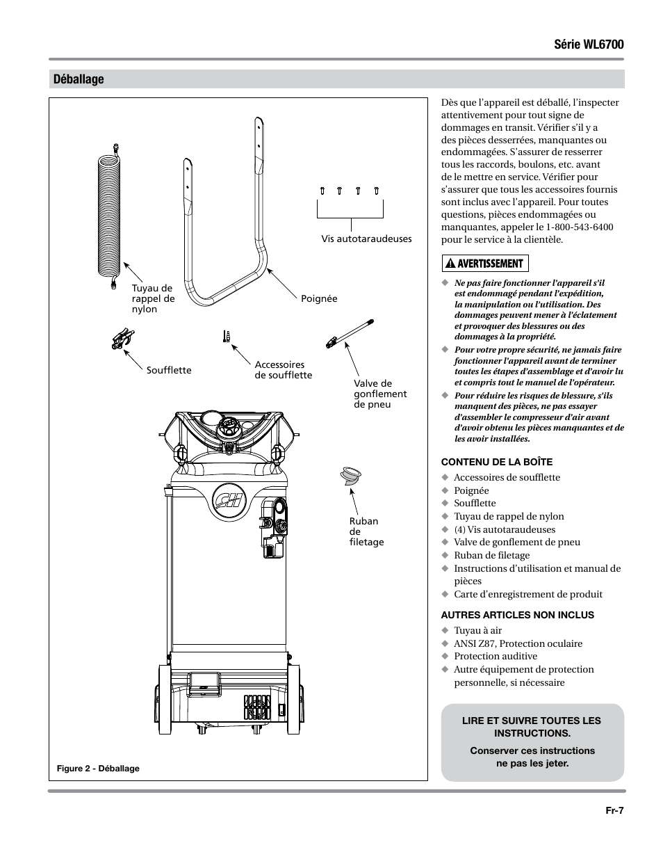 Déballage, Contenu de la boîte, Autres articles non inclus | Série wl6700 | Campbell Hausfeld WL6700 Series User Manual | Page 29 / 68