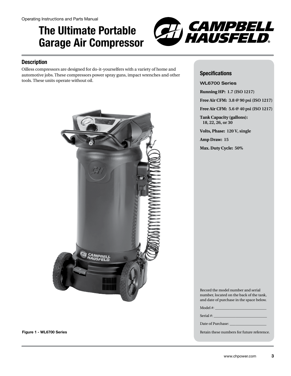 Description, Specifications, The ultimate portable garage air compressor | Campbell Hausfeld WL6700 Series User Manual | Page 3 / 68