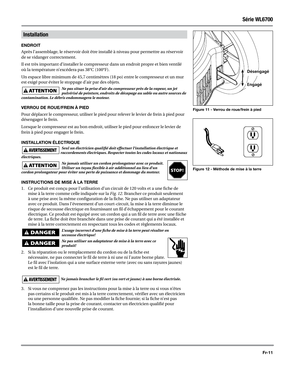 Installation, Endroit, Verrou de roue/frein à pied | Installation électrique, Instructions de mise à la terre, Série wl6700 | Campbell Hausfeld WL6700 Series User Manual | Page 33 / 68