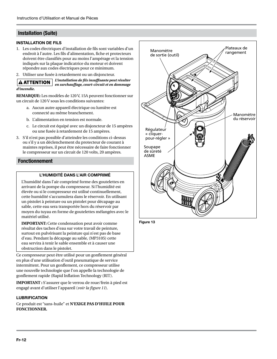 Installation de fils, Fonctionnement, Lubrification | Installation (suite) | Campbell Hausfeld WL6700 Series User Manual | Page 34 / 68