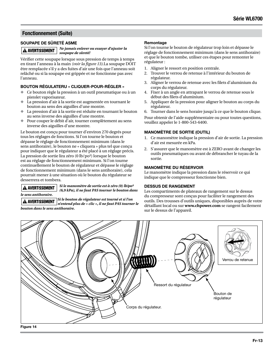 Soupape de sûreté asme, Bouton régulateru « cliquer-pour-régler, Remontage | Manomètre de sortie (outil), Manomètre du réservoir, Dessus de rangement, Série wl6700, Fonctionnement (suite) | Campbell Hausfeld WL6700 Series User Manual | Page 35 / 68