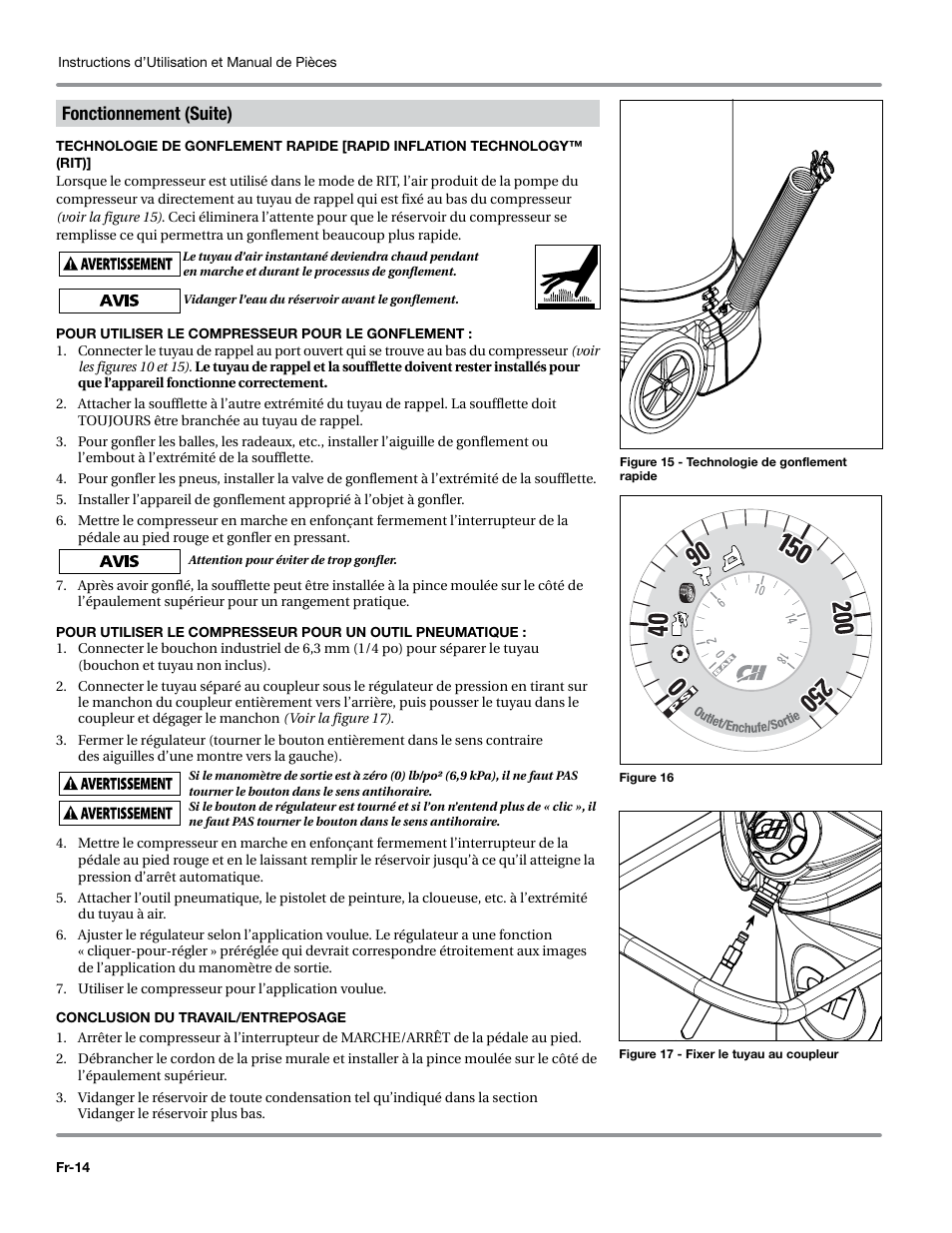 Pour utiliser le compresseur pour le gonflement, Conclusion du travail/entreposage, Fonctionnement (suite) | Campbell Hausfeld WL6700 Series User Manual | Page 36 / 68