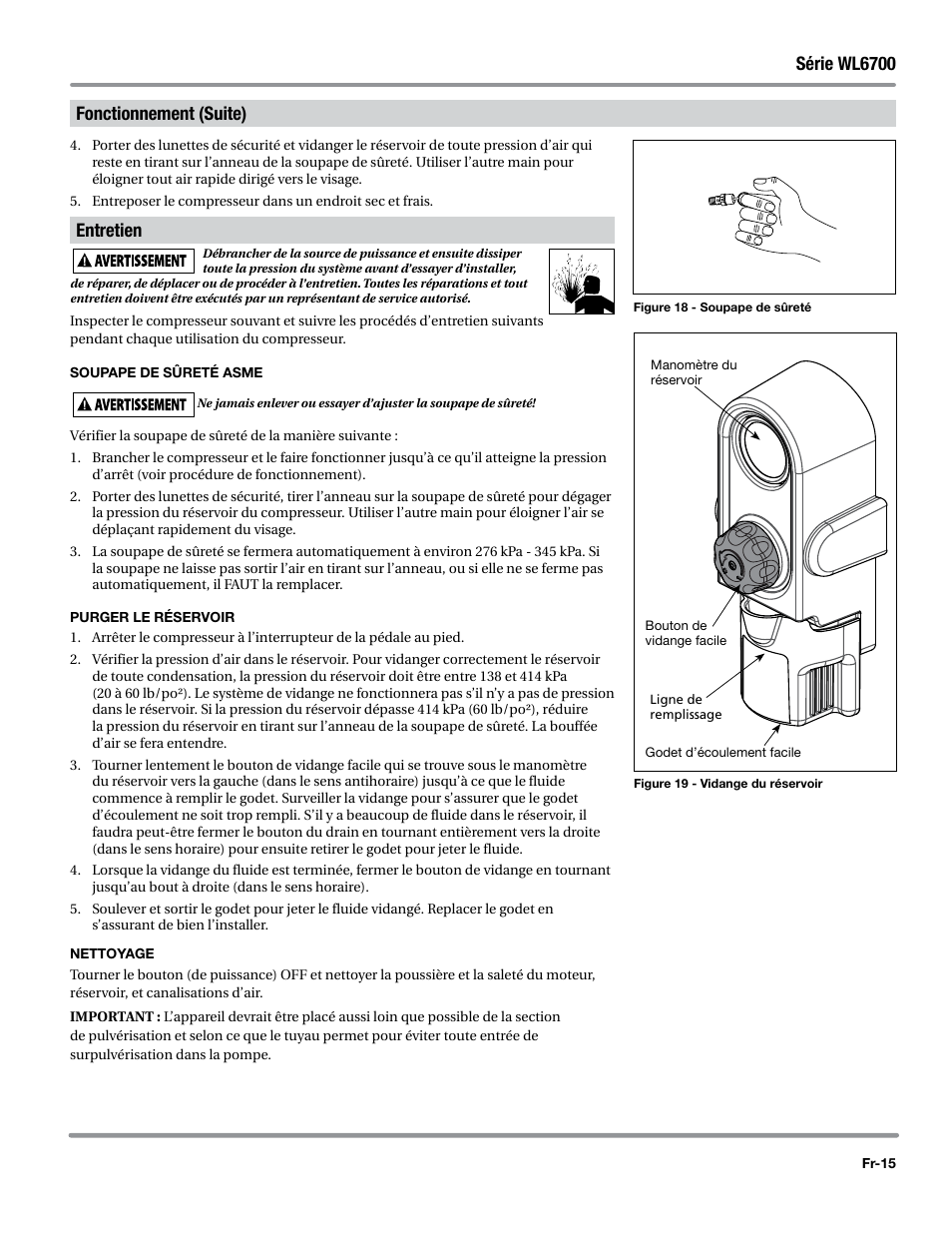 Entretien, Soupape de sûreté asme, Purger le réservoir | Nettoyage, Série wl6700, Fonctionnement (suite) | Campbell Hausfeld WL6700 Series User Manual | Page 37 / 68