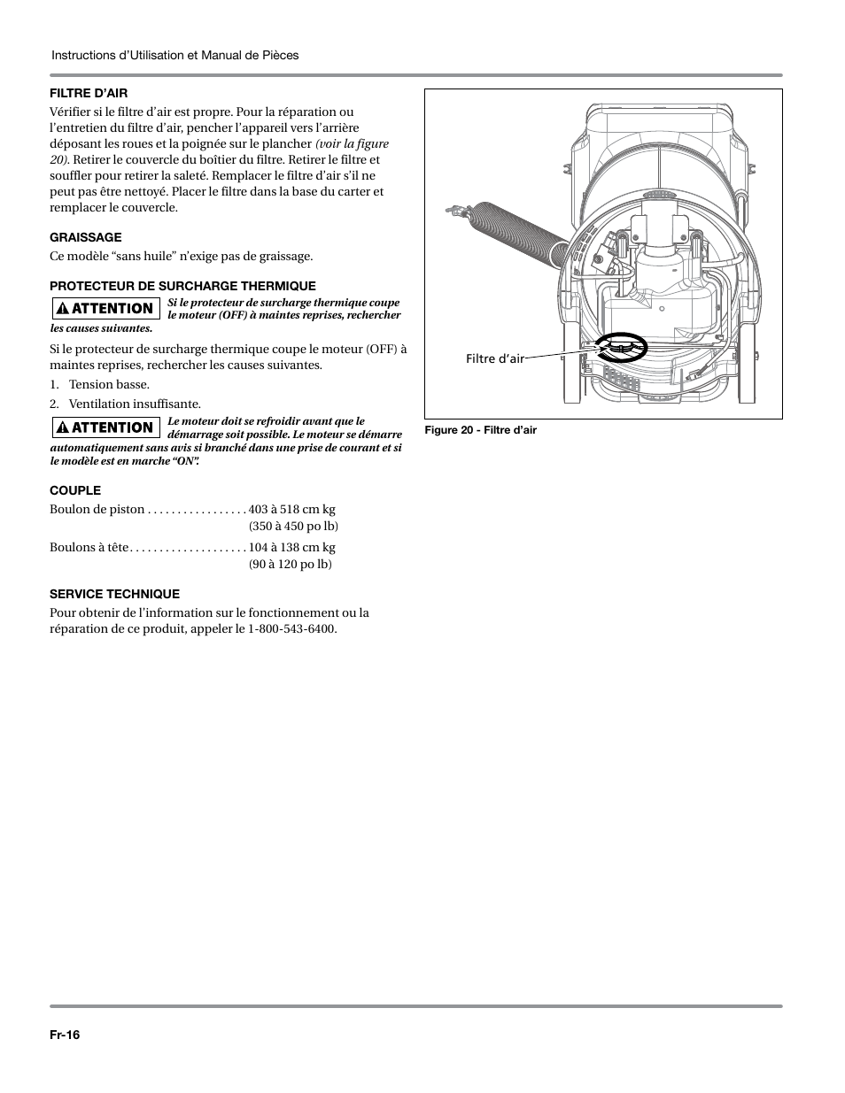 Filtre d’air, Graissage, Protecteur de surcharge thermique | Couple, Service technique | Campbell Hausfeld WL6700 Series User Manual | Page 38 / 68