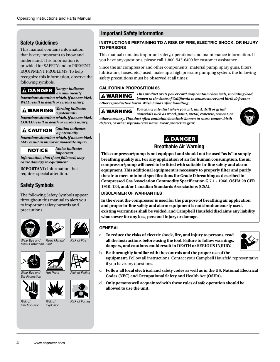 Safety guidelines, Safety symbols, Important safety information | California proposition 65, General, Breathable air warning | Campbell Hausfeld WL6700 Series User Manual | Page 4 / 68