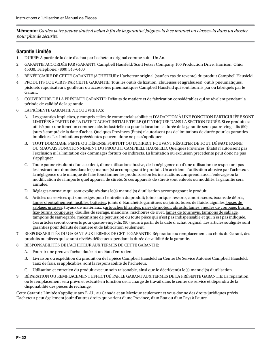 Garantie limitée | Campbell Hausfeld WL6700 Series User Manual | Page 44 / 68