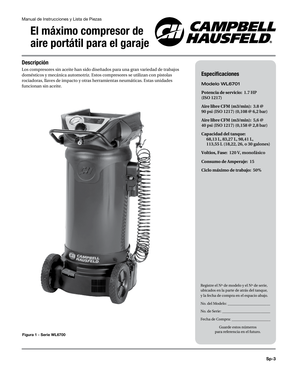 Descripción, Especificaciones | Campbell Hausfeld WL6700 Series User Manual | Page 47 / 68