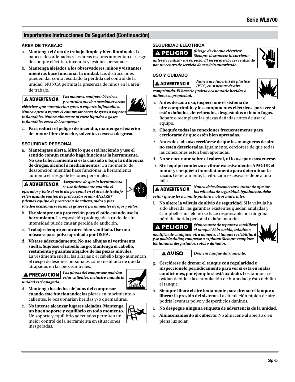 Área de trabajo, Seguridad personal, Seguridad eléctrica | Uso y cuidado | Campbell Hausfeld WL6700 Series User Manual | Page 49 / 68