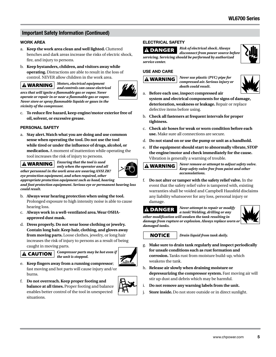 Work area, Personal safety, Electrical safety | Use and care, Wl6700 series, Important safety information (continued) | Campbell Hausfeld WL6700 Series User Manual | Page 5 / 68