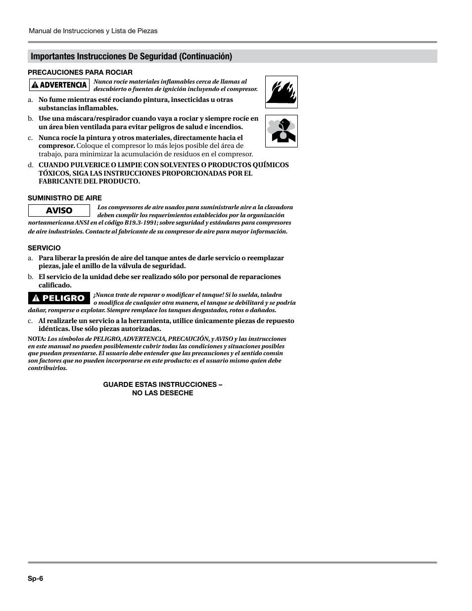 Precauciones para rociar, Suministro de aire, Servicio | Campbell Hausfeld WL6700 Series User Manual | Page 50 / 68