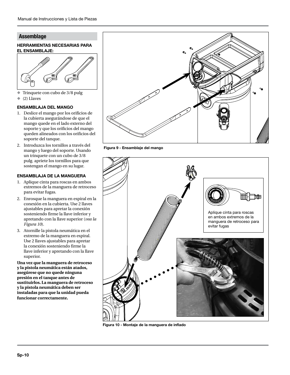 Assemblage, Herramientas necesarias para el ensamblaje, Ensamblaja del mango | Ensamblaja de la manguera | Campbell Hausfeld WL6700 Series User Manual | Page 54 / 68