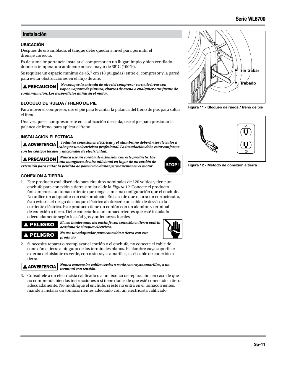 Instalación, Ubicación, Bloqueo de rueda / freno de pie | Instalacion electrica, Conexion a tierra, Serie wl6700 | Campbell Hausfeld WL6700 Series User Manual | Page 55 / 68