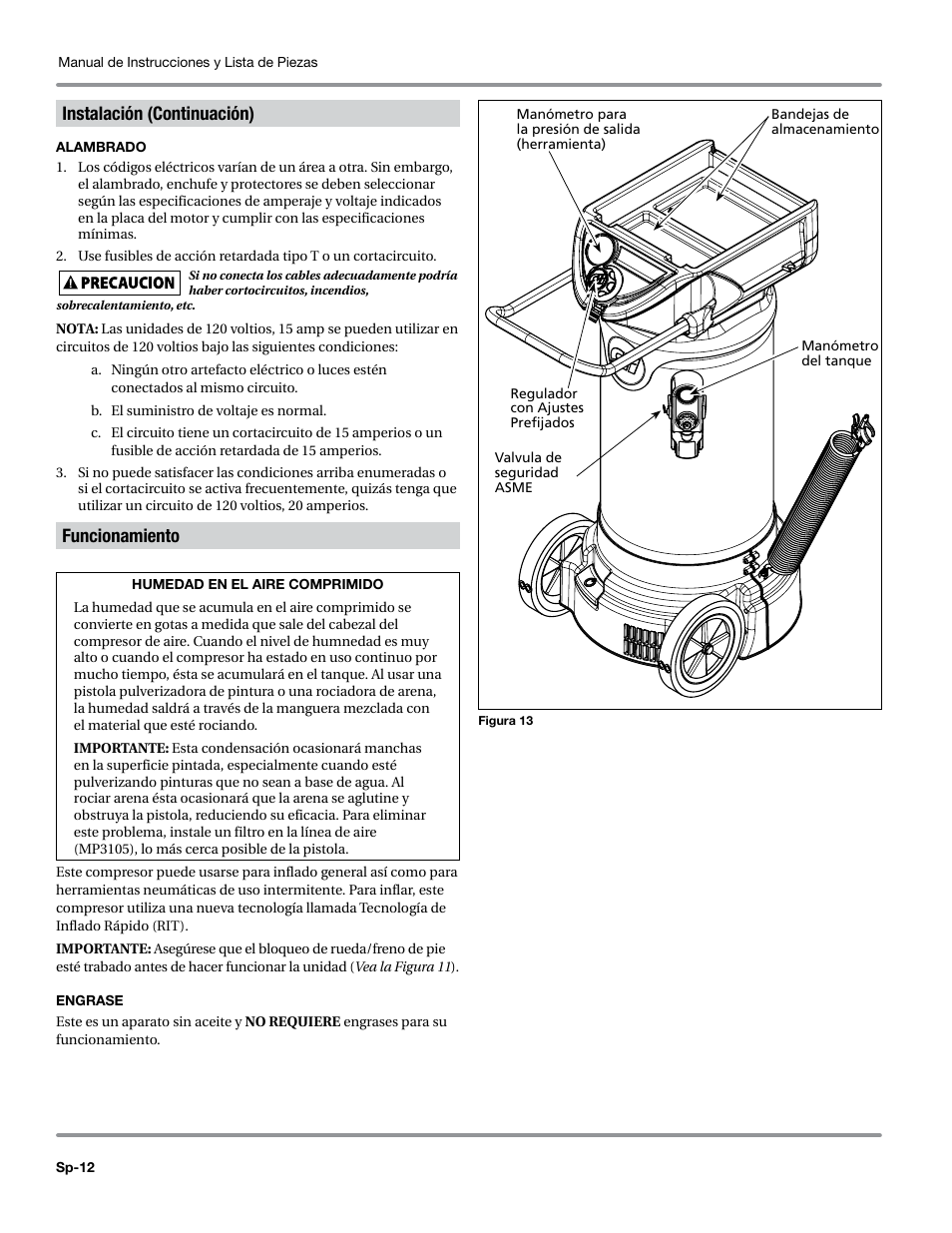 Alambrado, Funcionamiento, Engrase | Instalación (continuación) | Campbell Hausfeld WL6700 Series User Manual | Page 56 / 68