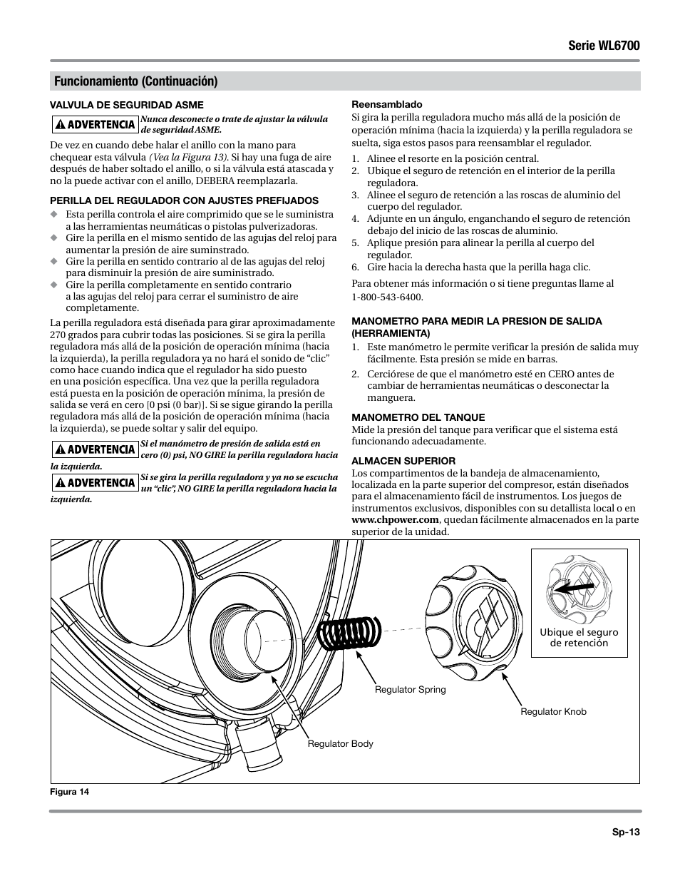 Valvula de seguridad asme, Perilla del regulador con ajustes prefijados, Reensamblado | Manometro del tanque, Almacen superior, Serie wl6700, Funcionamiento (continuación) | Campbell Hausfeld WL6700 Series User Manual | Page 57 / 68