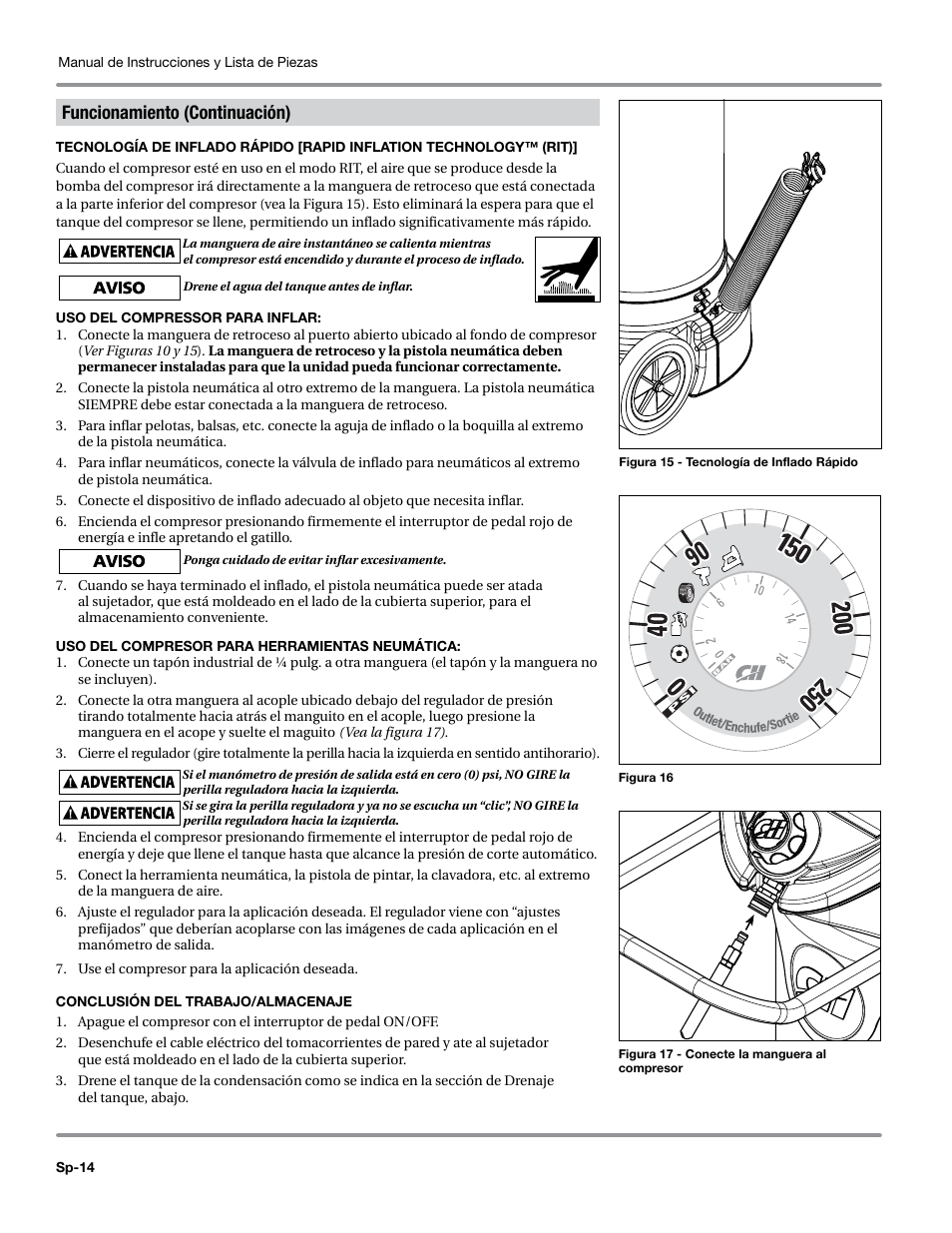 Uso del compressor para inflar, Uso del compresor para herramientas neumática, Conclusión del trabajo/almacenaje | Funcionamiento (continuación) | Campbell Hausfeld WL6700 Series User Manual | Page 58 / 68