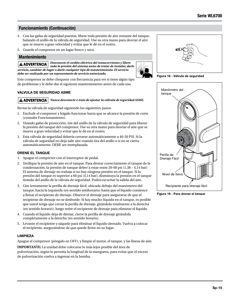Mantenimiento, Valvula de seguridad asme, Drene el tanque | Limpieza, Serie wl6700 funcionamiento (continuación) | Campbell Hausfeld WL6700 Series User Manual | Page 59 / 68