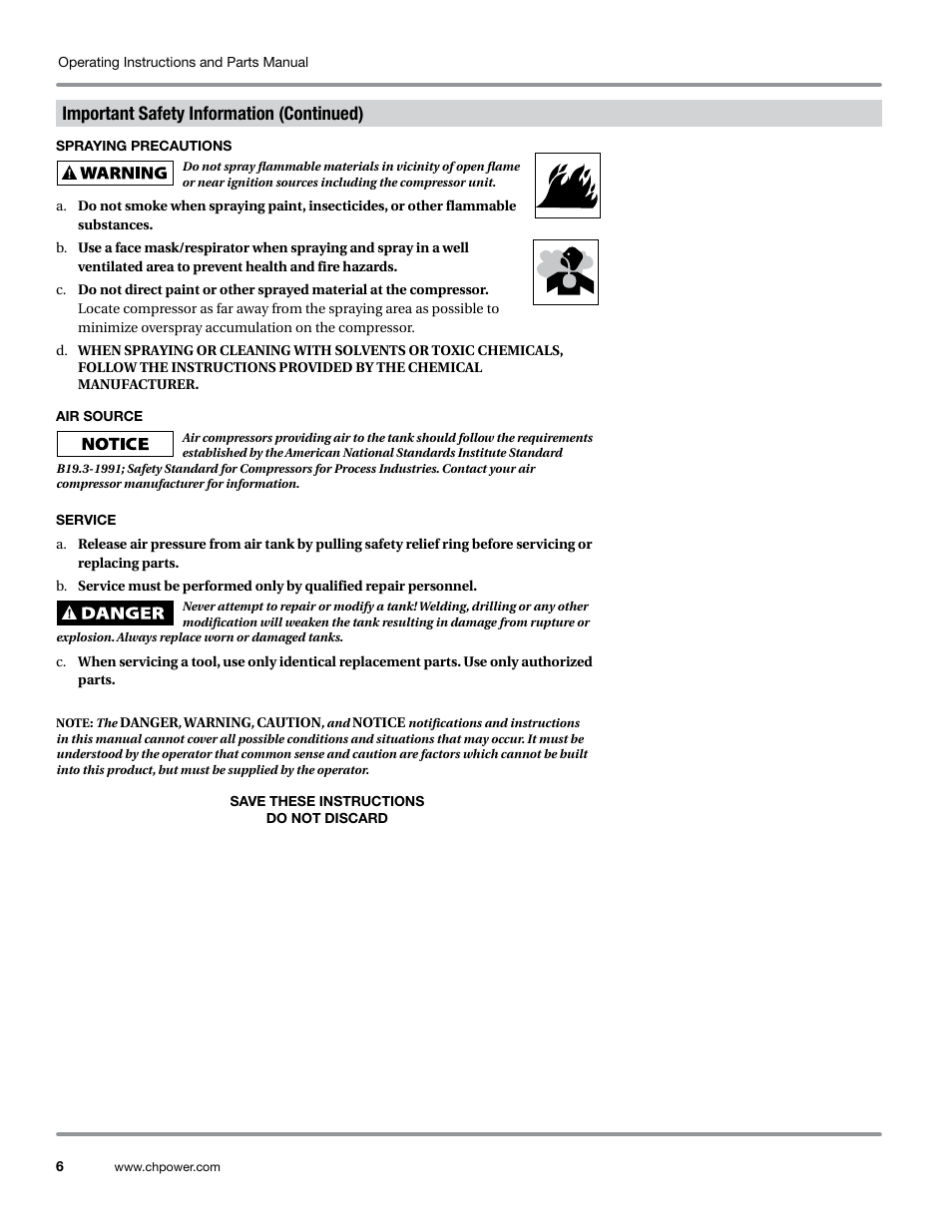 Spraying precautions, Air source, Service | Important safety information (continued) | Campbell Hausfeld WL6700 Series User Manual | Page 6 / 68
