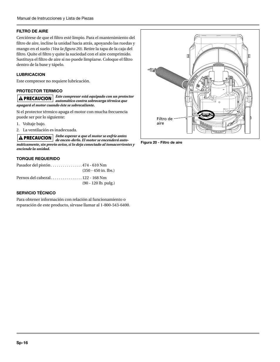 Filtro de aire, Lubricacion, Protector termico | Torque requerido, Servicio técnico | Campbell Hausfeld WL6700 Series User Manual | Page 60 / 68