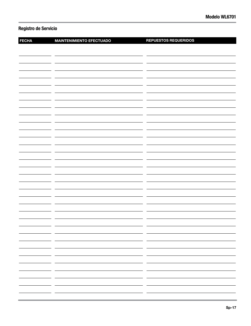Registro de servicio | Campbell Hausfeld WL6700 Series User Manual | Page 61 / 68