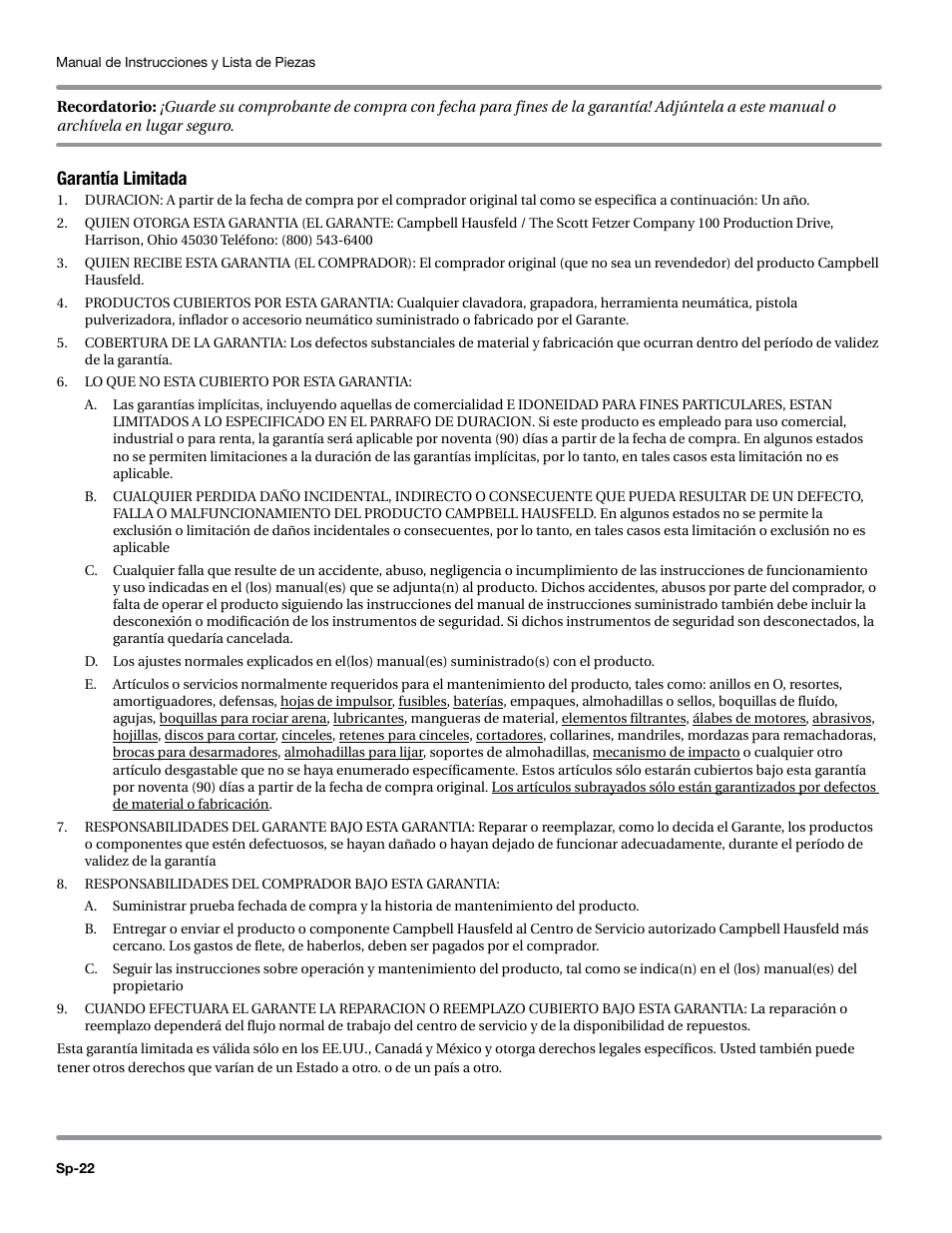 Garantía limitada | Campbell Hausfeld WL6700 Series User Manual | Page 66 / 68