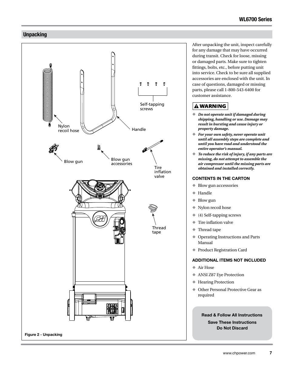 Unpacking, Contents in the carton, Additional items not included | Wl6700 series | Campbell Hausfeld WL6700 Series User Manual | Page 7 / 68