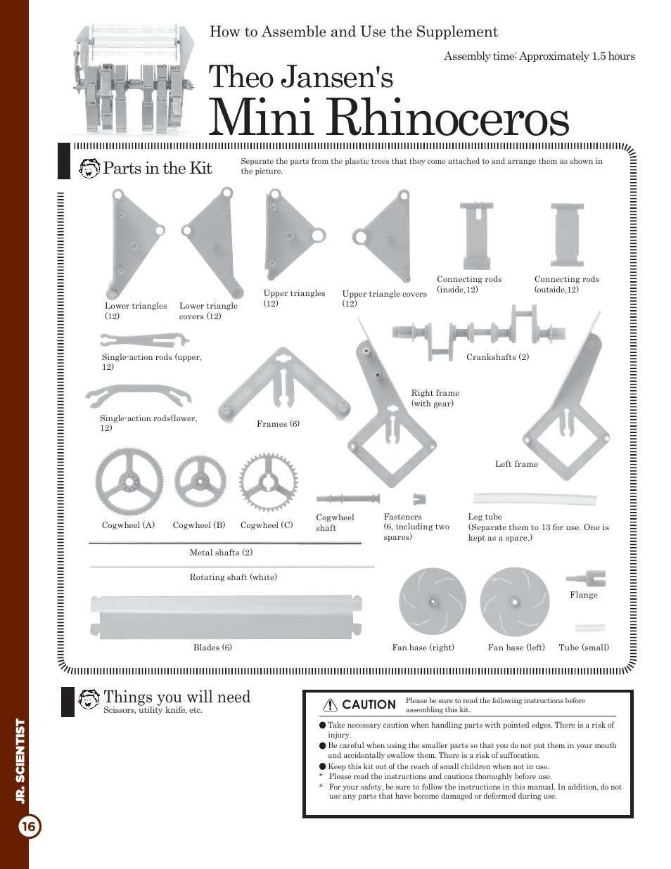 Mini rhinoceros, Theo jansen's, Things you will need | Parts in the kit, How to assemble and use the supplement | Elenco Rhinoceros Mini-Beest Kit User Manual | Page 16 / 24