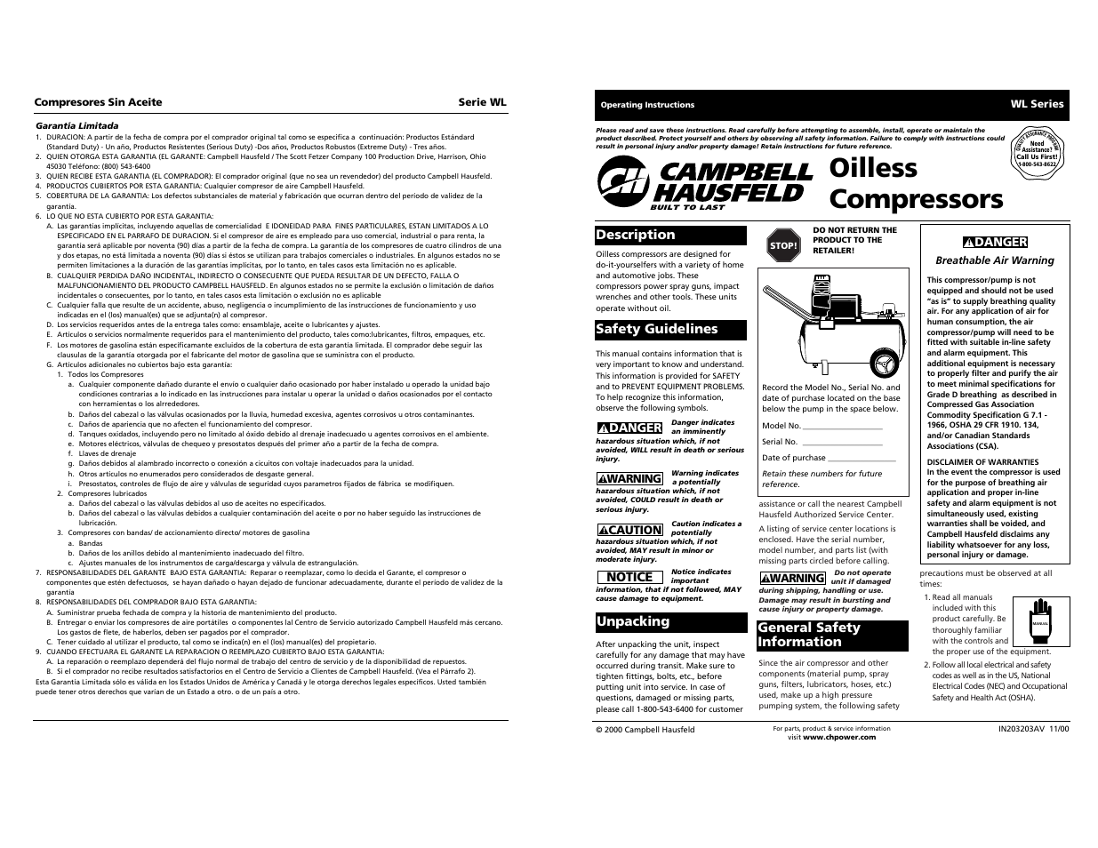 Campbell Hausfeld IN203203AV 11/00 User Manual | 12 pages