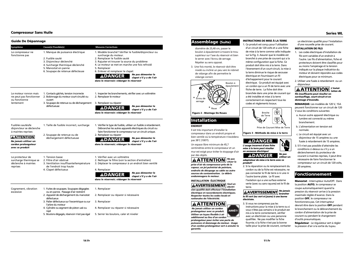 Attention, Danger, Assemblage | Installation, Fonctionnement | Campbell Hausfeld IN203203AV 11/00 User Manual | Page 11 / 12