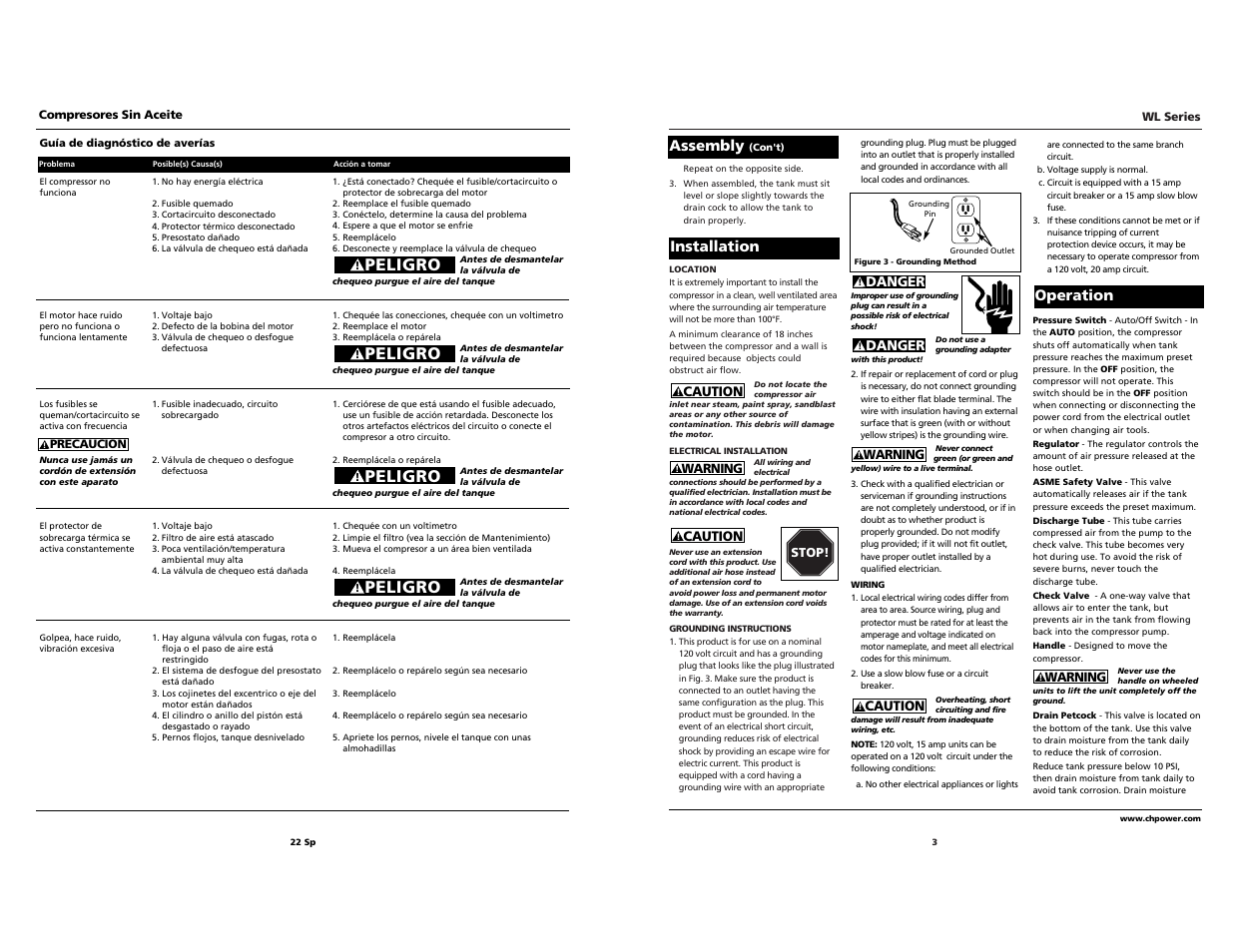 Peligro, Installation operation, Assembly | Campbell Hausfeld IN203203AV 11/00 User Manual | Page 3 / 12