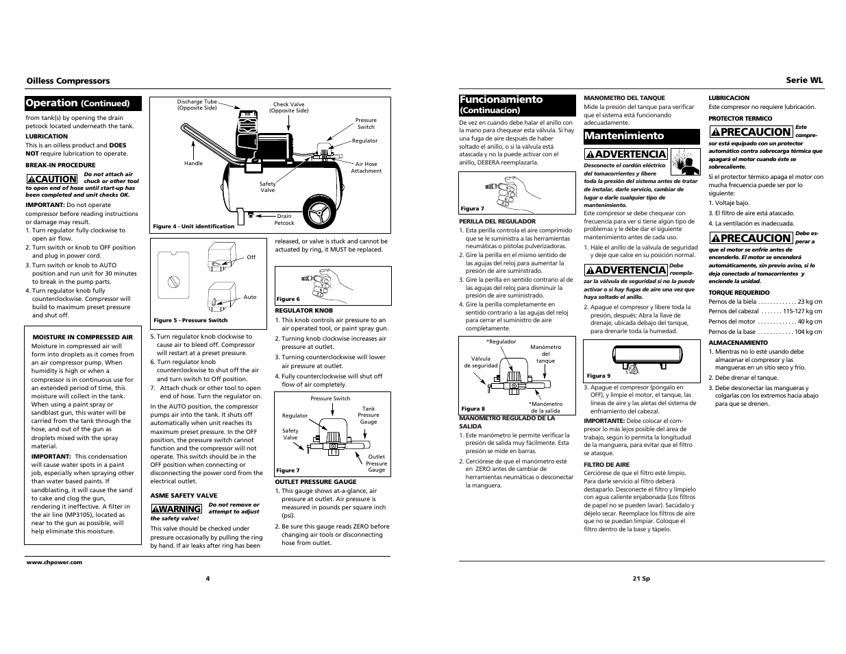Precaucion, Advertencia, Funcionamiento | Mantenimiento, Operation | Campbell Hausfeld IN203203AV 11/00 User Manual | Page 4 / 12