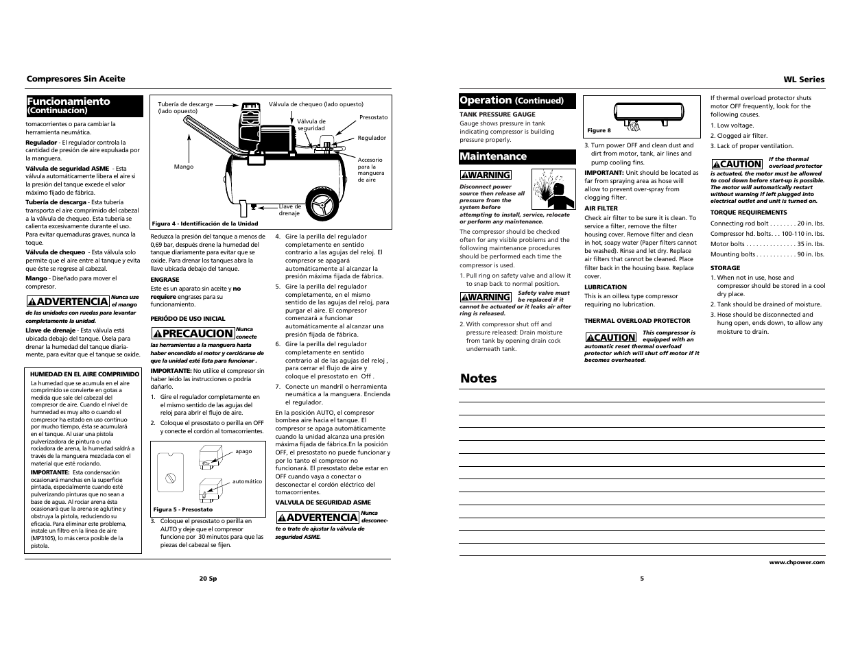 Precaucion, Operation, Maintenance | Advertencia, Funcionamiento | Campbell Hausfeld IN203203AV 11/00 User Manual | Page 5 / 12