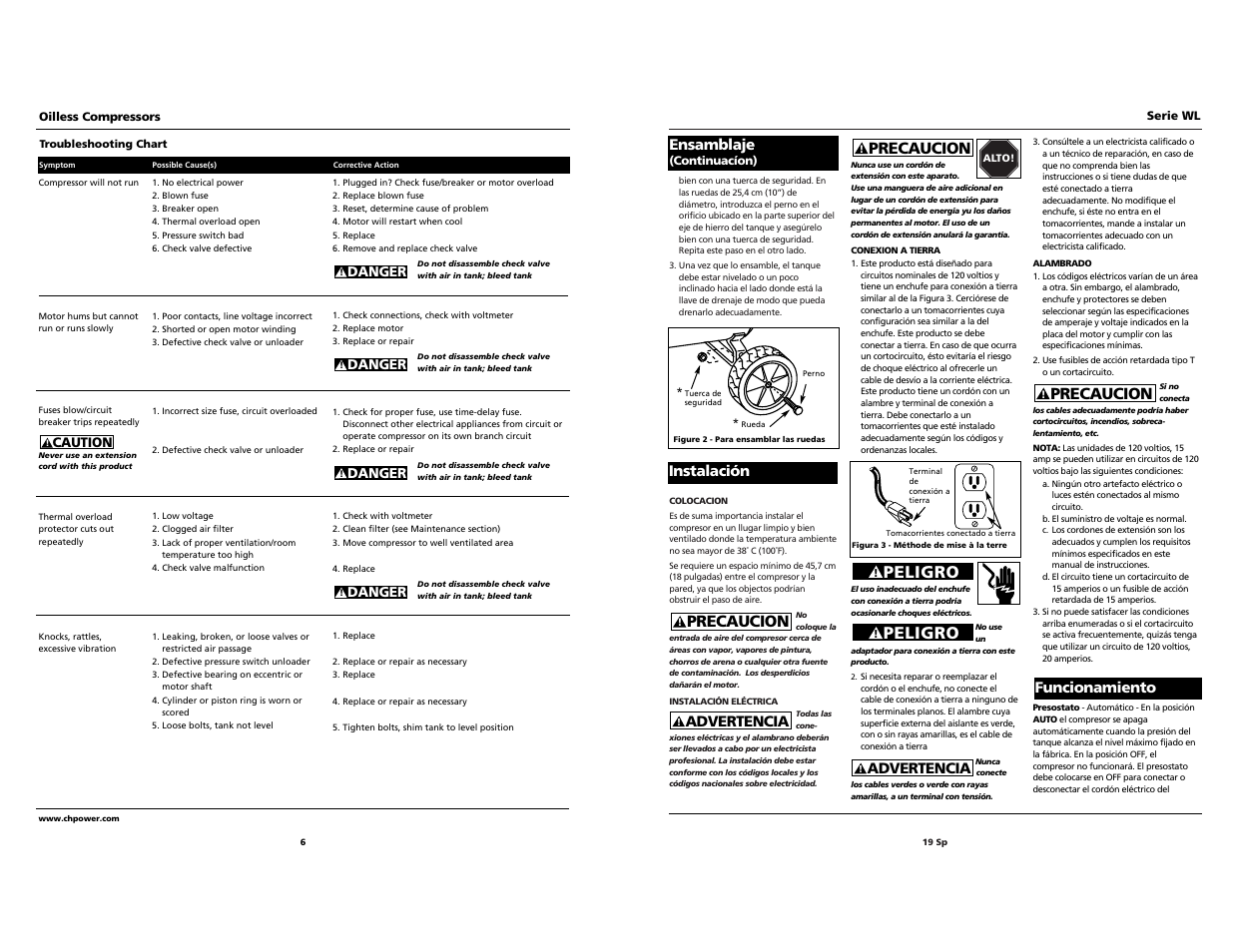 Peligro, Precaucion, Advertencia | Ensamblaje, Instalación, Funcionamiento | Campbell Hausfeld IN203203AV 11/00 User Manual | Page 6 / 12