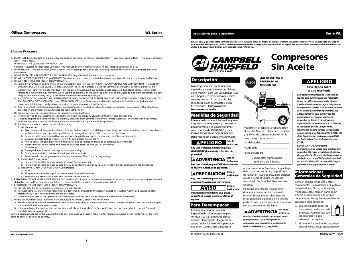 Compresores sin aceite, Aviso, Peligro | Precaucion, Advertencia, Descripción medidas de seguridad para desempacar | Campbell Hausfeld IN203203AV 11/00 User Manual | Page 8 / 12