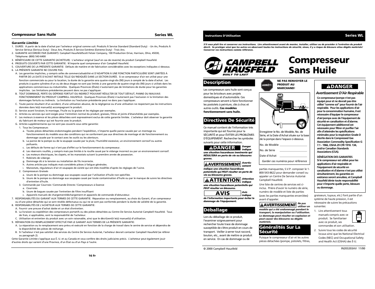 Compresseur sans huile, Avis, Attention | Danger | Campbell Hausfeld IN203203AV 11/00 User Manual | Page 9 / 12