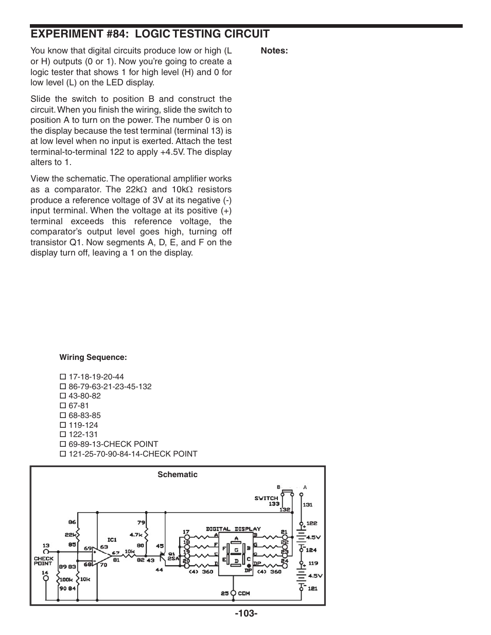 Experiment #84: logic testing circuit | Elenco 130-in-1 Electronics Playground User Manual | Page 103 / 160