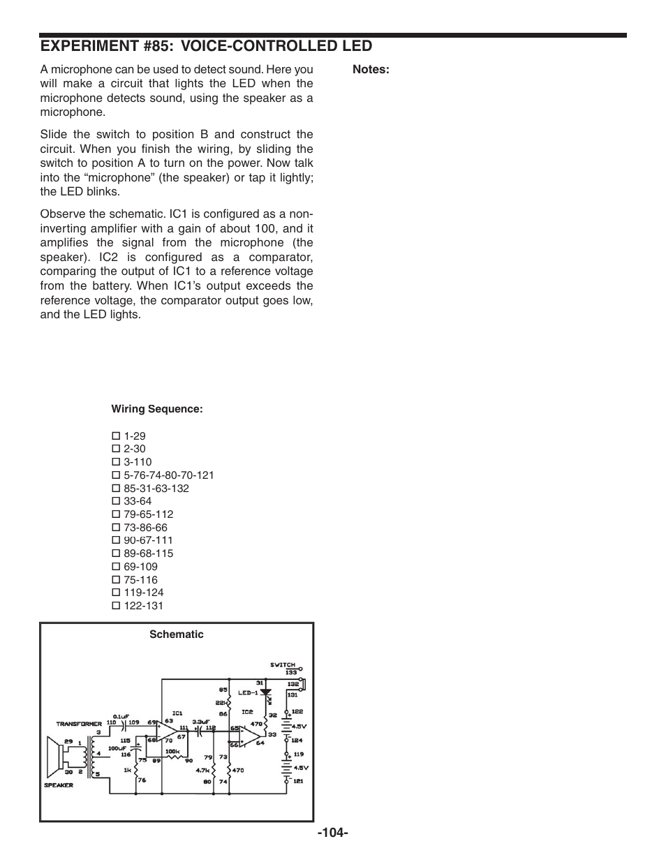 Experiment #85: voice-controlled led | Elenco 130-in-1 Electronics Playground User Manual | Page 104 / 160