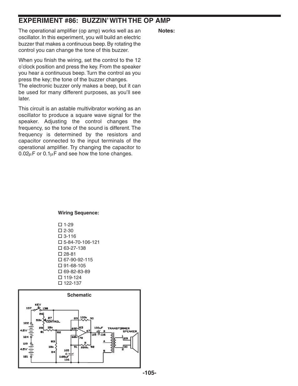 Experiment #86: buzzin’ with the op amp | Elenco 130-in-1 Electronics Playground User Manual | Page 105 / 160