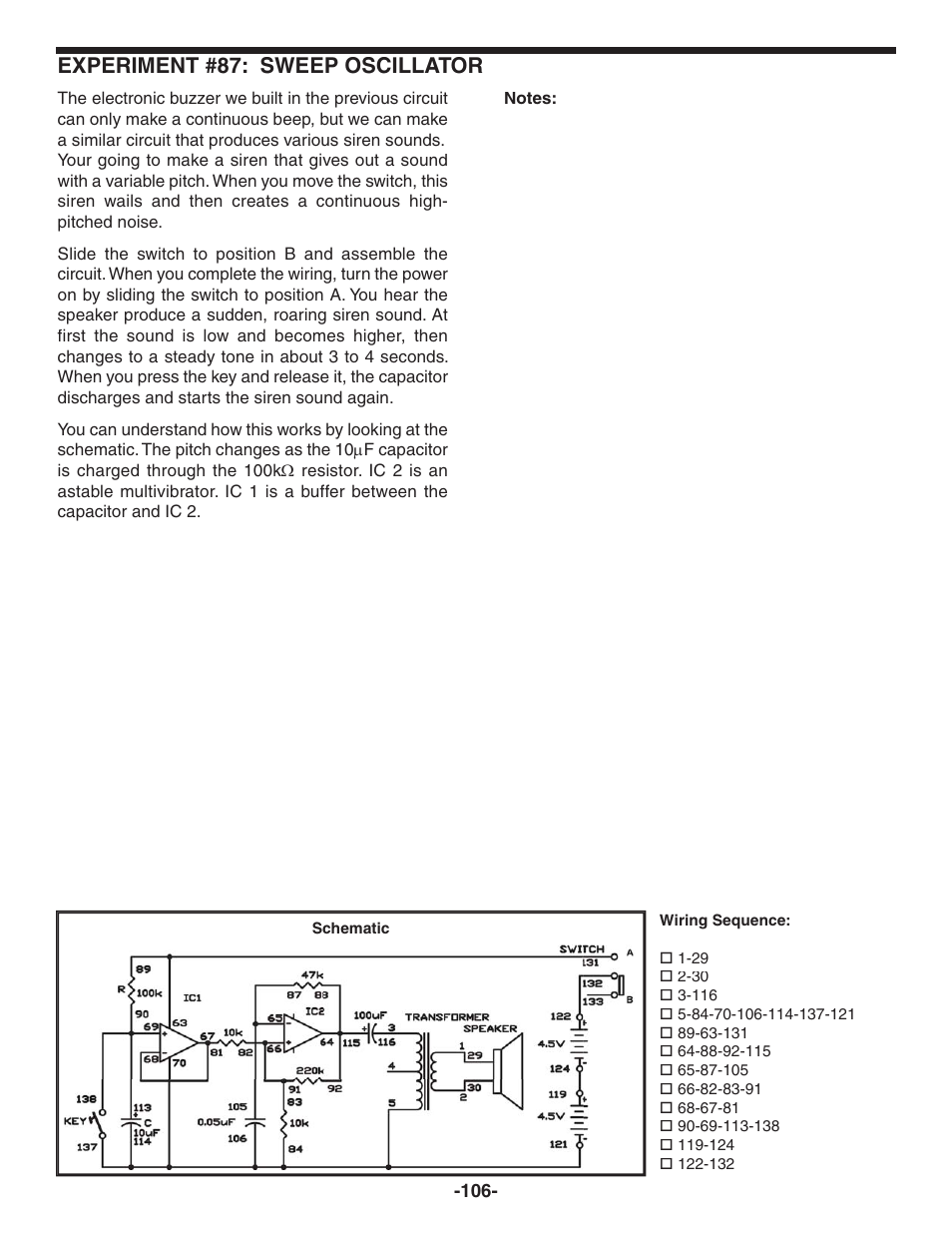 Experiment #87: sweep oscillator | Elenco 130-in-1 Electronics Playground User Manual | Page 106 / 160