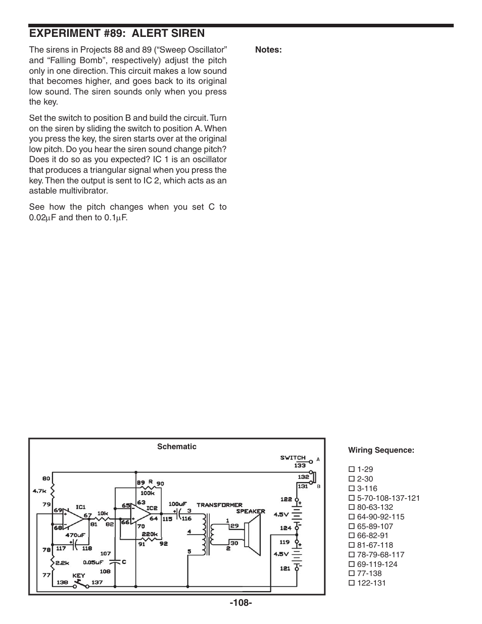 Experiment #89: alert siren | Elenco 130-in-1 Electronics Playground User Manual | Page 108 / 160