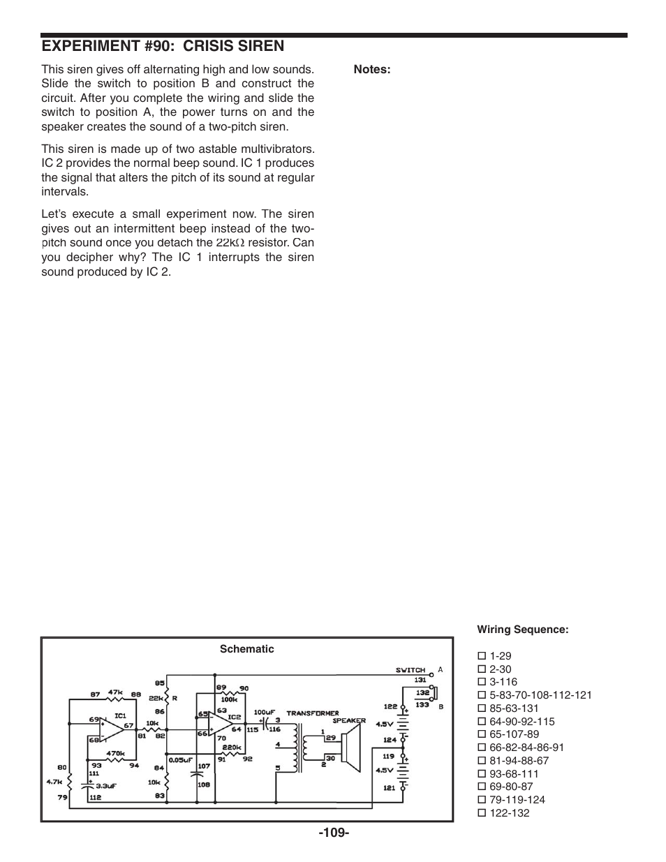 Experiment #90: crisis siren | Elenco 130-in-1 Electronics Playground User Manual | Page 109 / 160