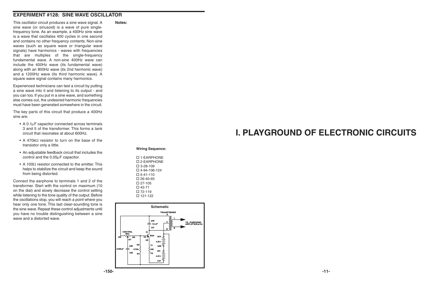 I. playground of electronic circuits, Experiment #128: sine wave oscillator | Elenco 130-in-1 Electronics Playground User Manual | Page 11 / 160