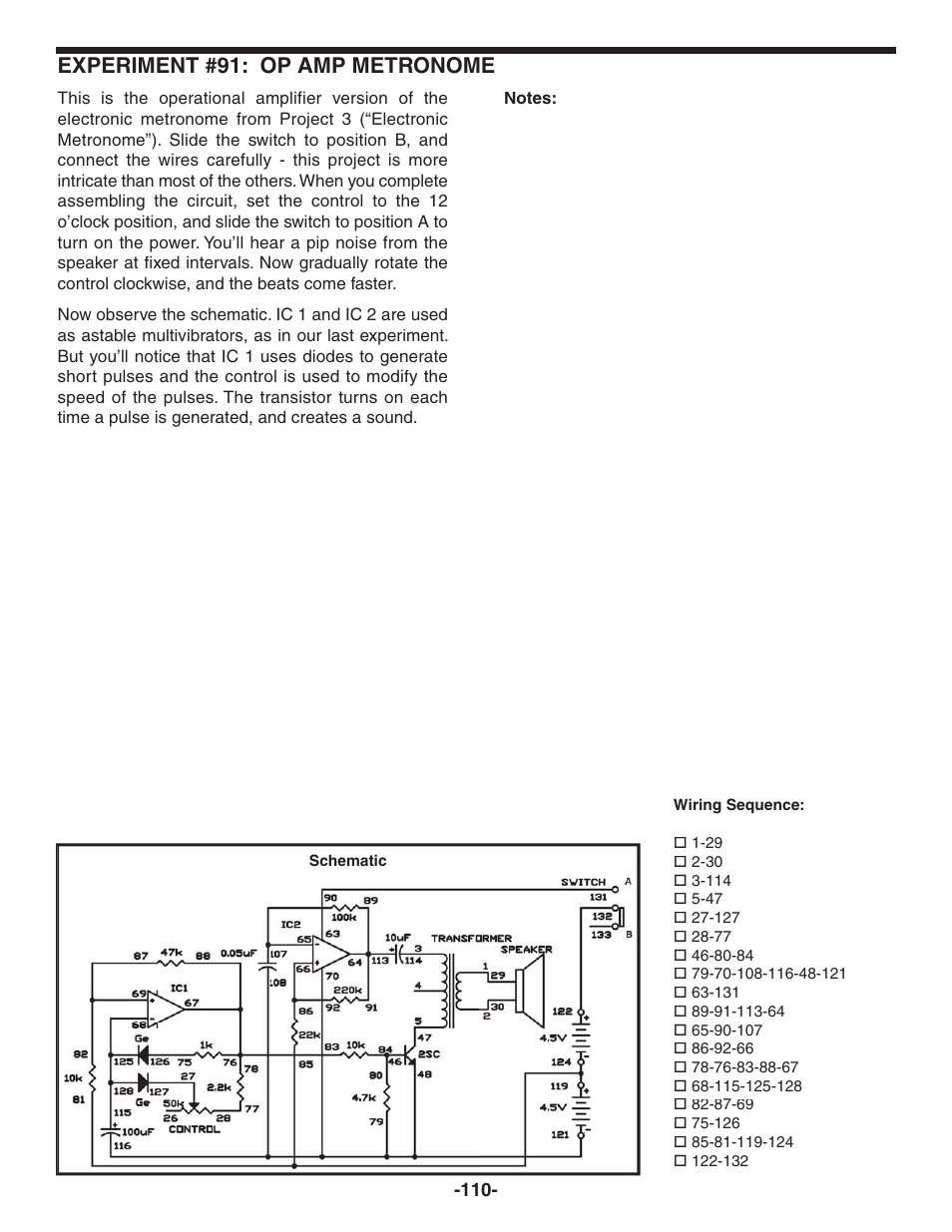Experiment #91: op amp metronome | Elenco 130-in-1 Electronics Playground User Manual | Page 110 / 160