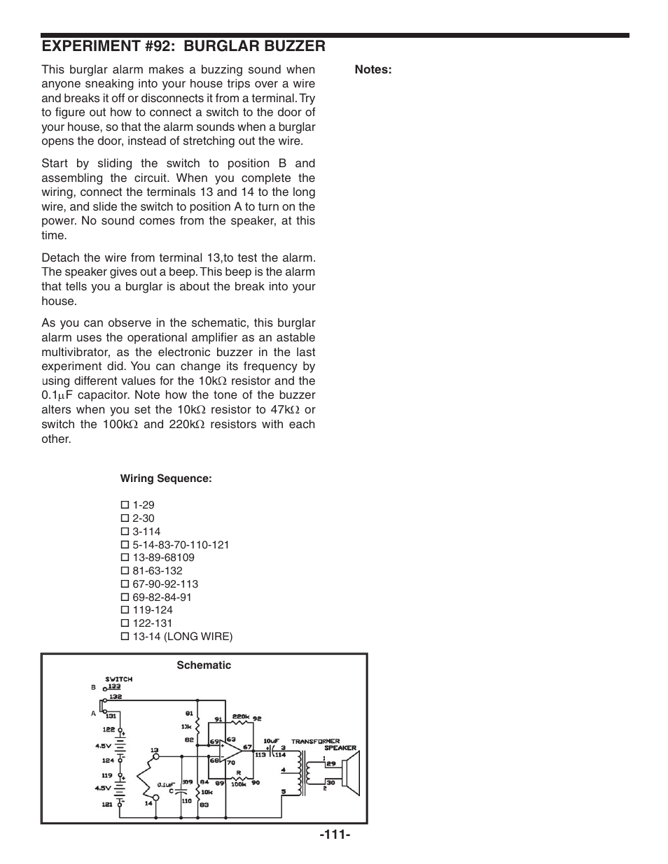 Experiment #92: burglar buzzer | Elenco 130-in-1 Electronics Playground User Manual | Page 111 / 160