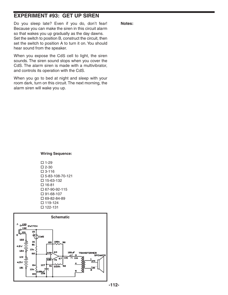 Experiment #93: get up siren | Elenco 130-in-1 Electronics Playground User Manual | Page 112 / 160