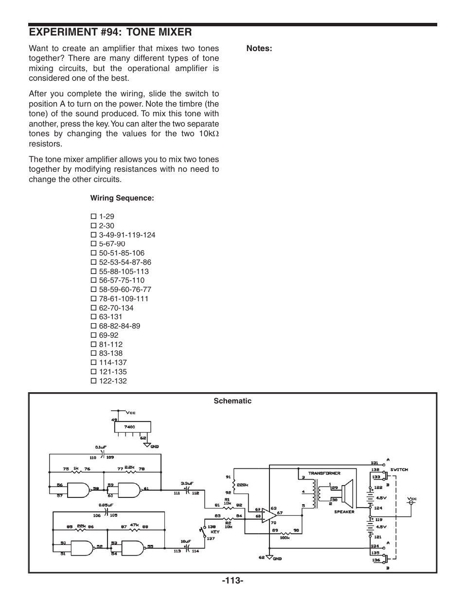 Experiment #94: tone mixer | Elenco 130-in-1 Electronics Playground User Manual | Page 113 / 160