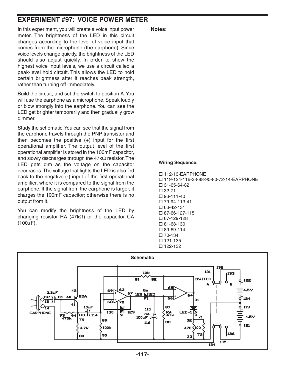 Experiment #97: voice power meter | Elenco 130-in-1 Electronics Playground User Manual | Page 117 / 160