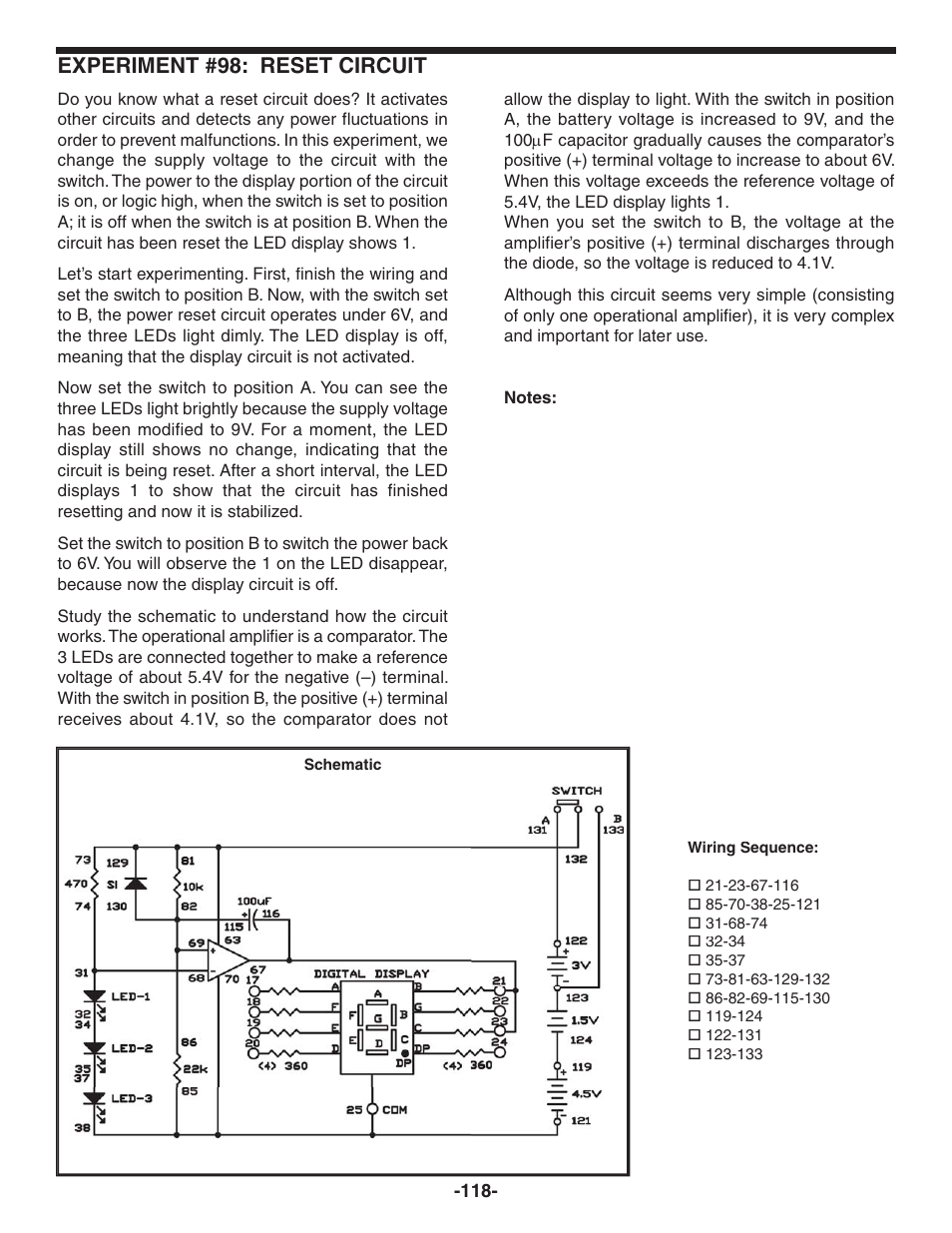 Experiment #98: reset circuit | Elenco 130-in-1 Electronics Playground User Manual | Page 118 / 160
