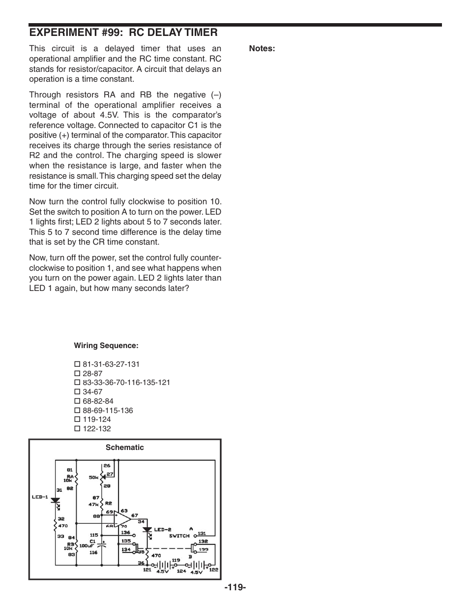 Experiment #99: rc delay timer | Elenco 130-in-1 Electronics Playground User Manual | Page 119 / 160