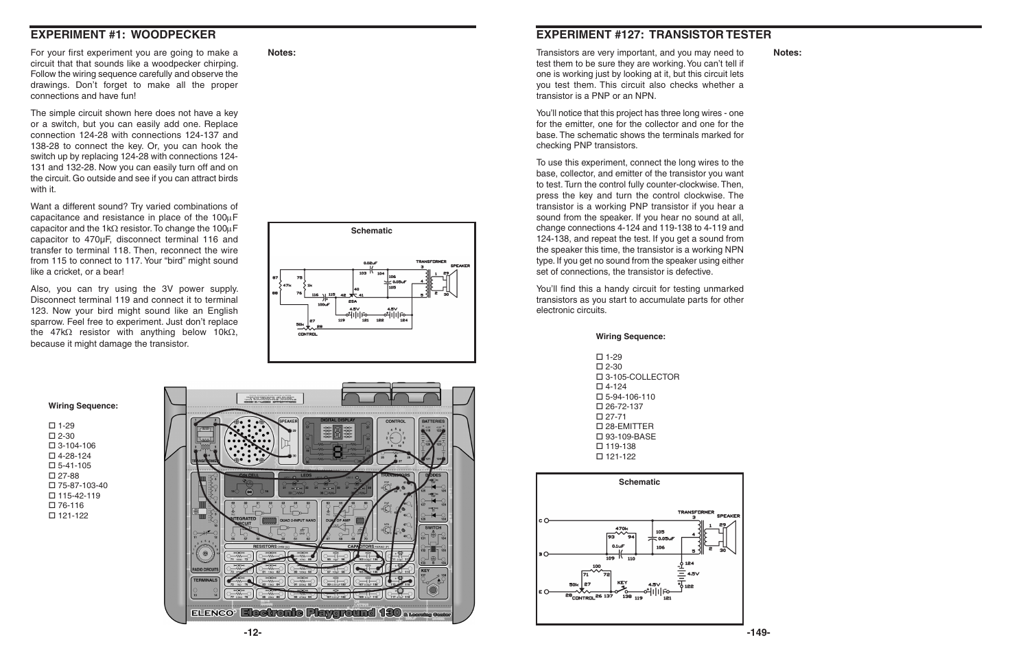 Experiment #127: transistor tester, Experiment #1: woodpecker | Elenco 130-in-1 Electronics Playground User Manual | Page 12 / 160