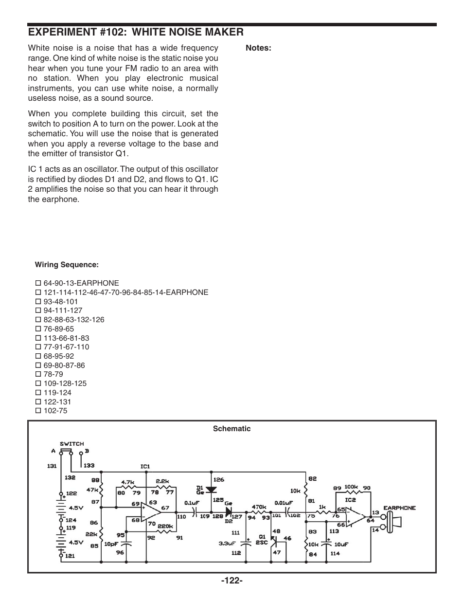 Experiment #102: white noise maker | Elenco 130-in-1 Electronics Playground User Manual | Page 122 / 160